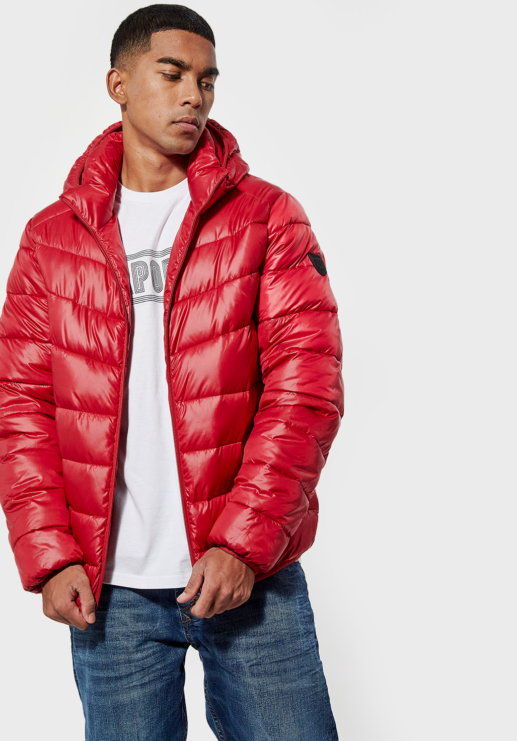 Mens regular-fit red puffer jacket with hood Bilor - Kaporal