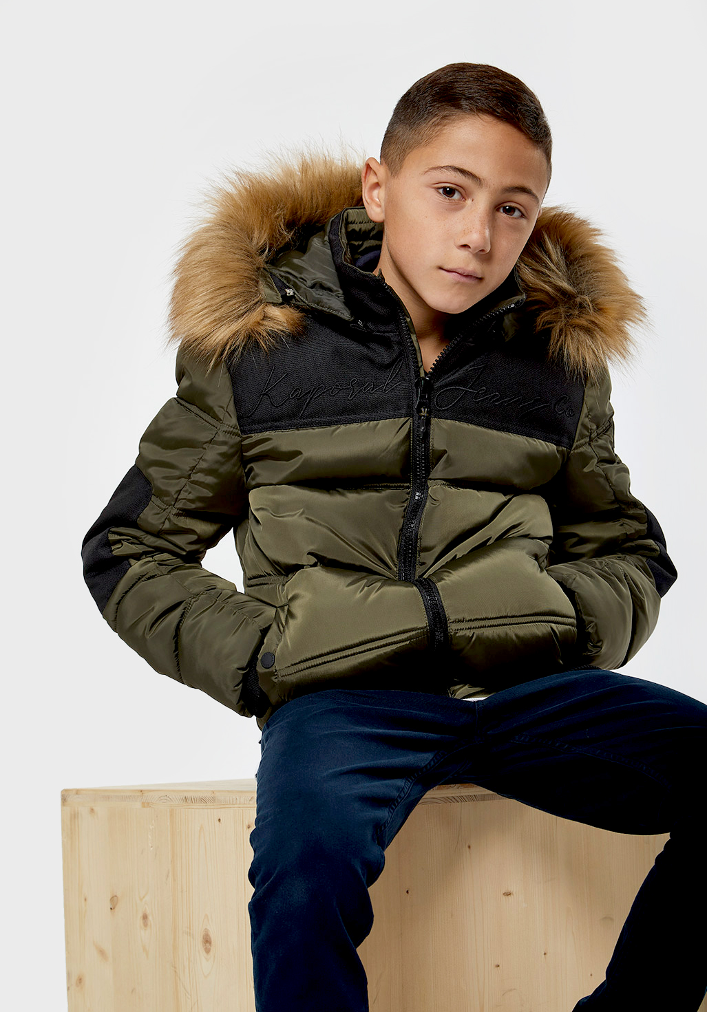 Khaki puffer jacket fur hood clearance