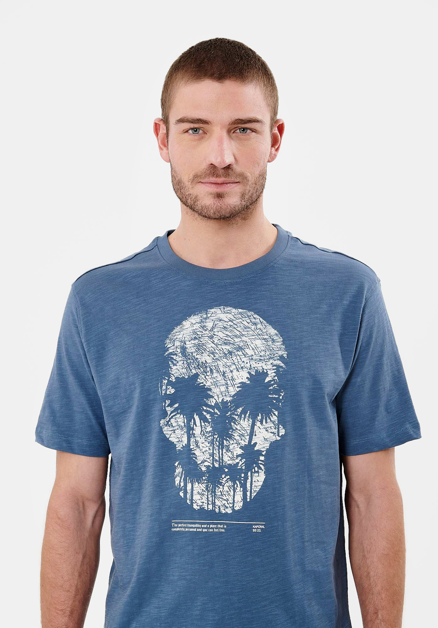 T shirt bleu t te de mort Homme en 100 coton Claus Kaporal